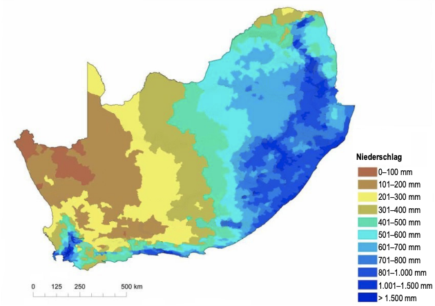 Karte der Niederschlagsverteilung in Südafrika in Millimetern.